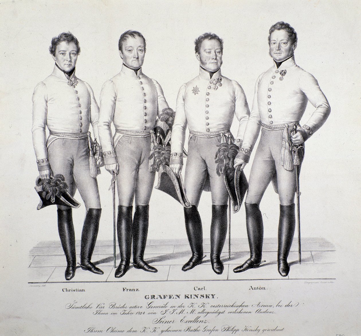 Muotokuva Kinsky-perheen prinsseistä Böömistä: Christian, Franz, Carl ja Anton ( Litografia tekijältä Unknown artist