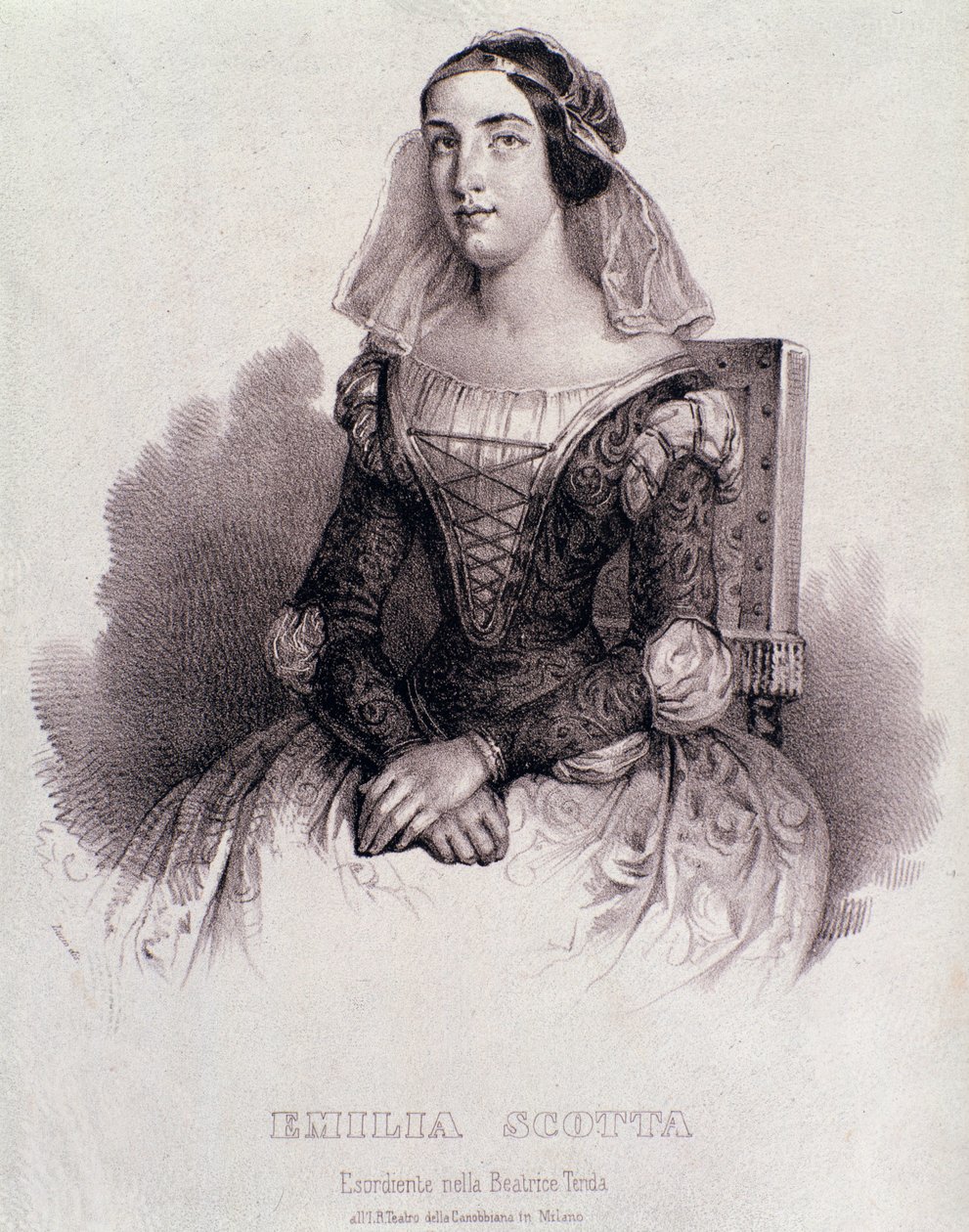 Laulaja Emilia Scottan muotokuva oopperassa Beatrice de Tende tekijältä Unknown artist