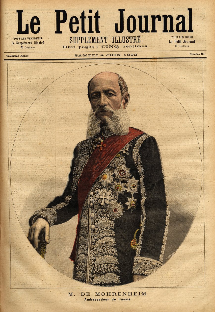 Mohrenheimin paronin muotokuva, Venäjän Ranskan-suurlähettiläs 1884-1898. Kaiverrus "" Le petit journal" -julkaisussa 6.4.1892. Selvan kokoelma. tekijältä Unknown artist