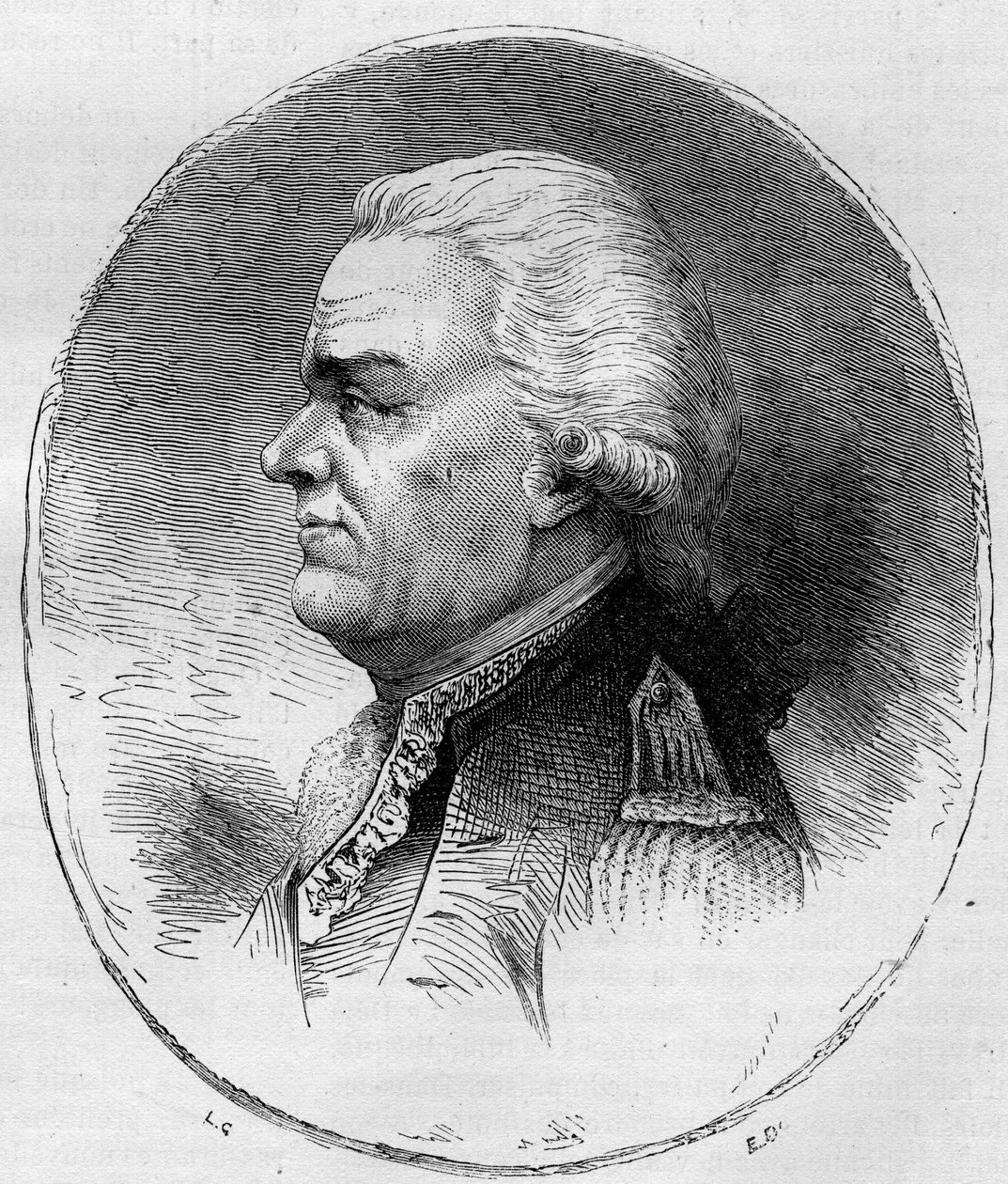 Muotokuva Grassen kreivistä (Francois Joseph Paul, Marquis de Grasse Tilly) (1722-1788), Ranskan amiraali, joka osallistui Amerikan vapaussotaan (1775-1783). Kaiverrus vuodelta 1881. tekijältä Unknown artist