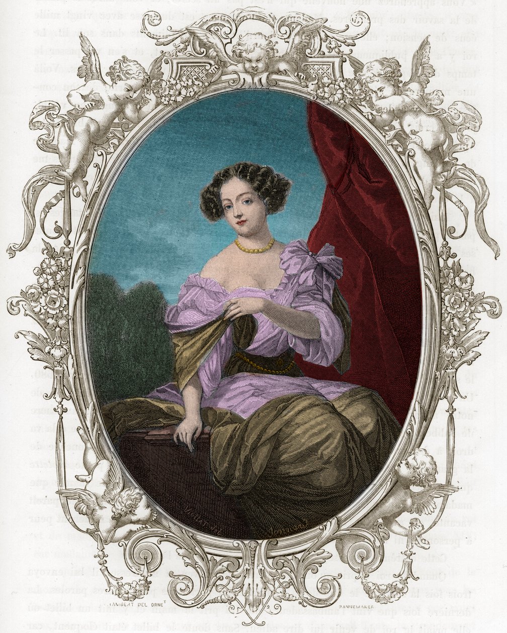 Fontangesin (1661-1681) herttuattaren muotokuva (Mademoiselle), Louis XIV:n suosikki - Kaiverrus vuodelta 1862 ensimmäisten kirjoittajiemme kirjaan "Maailman kuningattaret" - Julkaistu: J G D ARMENGAUD tekijältä Unknown artist