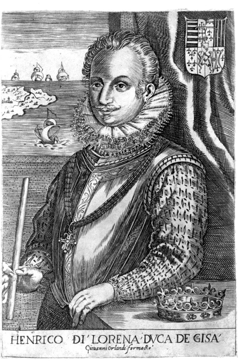 Guisen herttuan muotokuva (Henry I Lorrainesta, joka tunnetaan nimellä Scalafre (1550 - 1588)). Kaiverrus 1600-luvulta. tekijältä Unknown artist