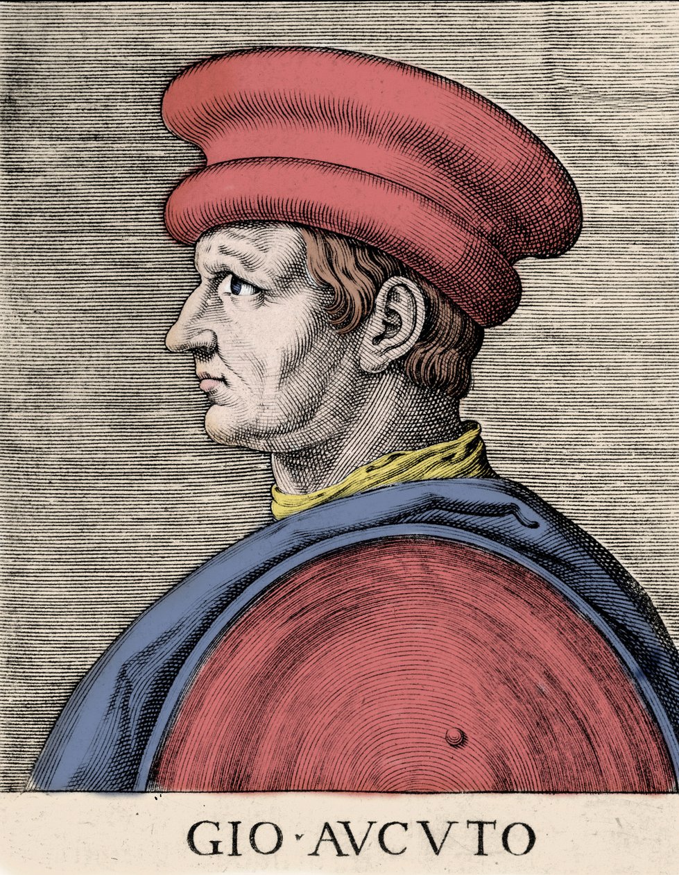 Muotokuva englantilaisesta palkkasotilasta ja condottiere John Hawkwoodista (Jean Haccoude tai Giovanni Acuto) (1320-1394) 1500-luvun ksylografia tekijältä Unknown artist