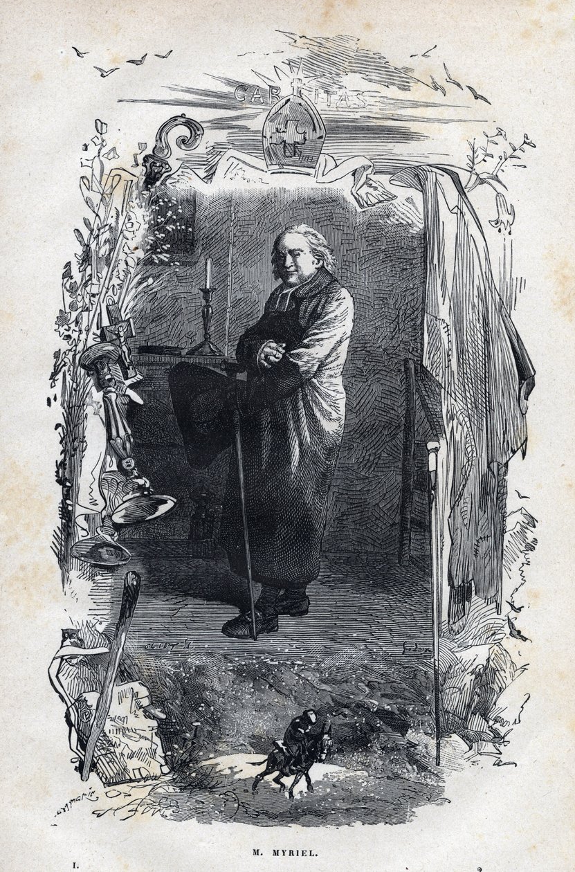 Eveque Myrielin muotokuva - Gustave Brionin (1824-1877) kuvitus Victor Hugon (1802-1885) elokuvaan "The Miserables - First Part: Fantine" 1862 tekijältä Unknown artist