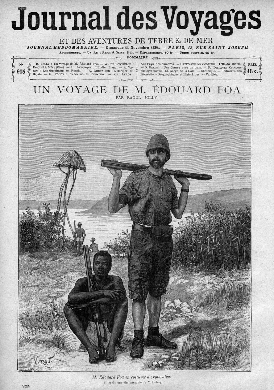 Muotokuva tutkimusmatkailija Edouard Foasta (1862-1901) kaiverruksella "" Le journal des voyages" -numero 905, 11. marraskuuta tekijältä Unknown artist