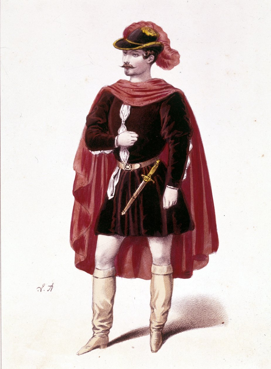 Muotokuva ranskalaisesta tenorista Louis Gueymardista (1822 - 1880) Henrin roolissa Giuseppe Verdin "I vespri sicilianin" (Sisilialainen vepres) ensimmäisessä näytöksessä tekijältä Unknown artist