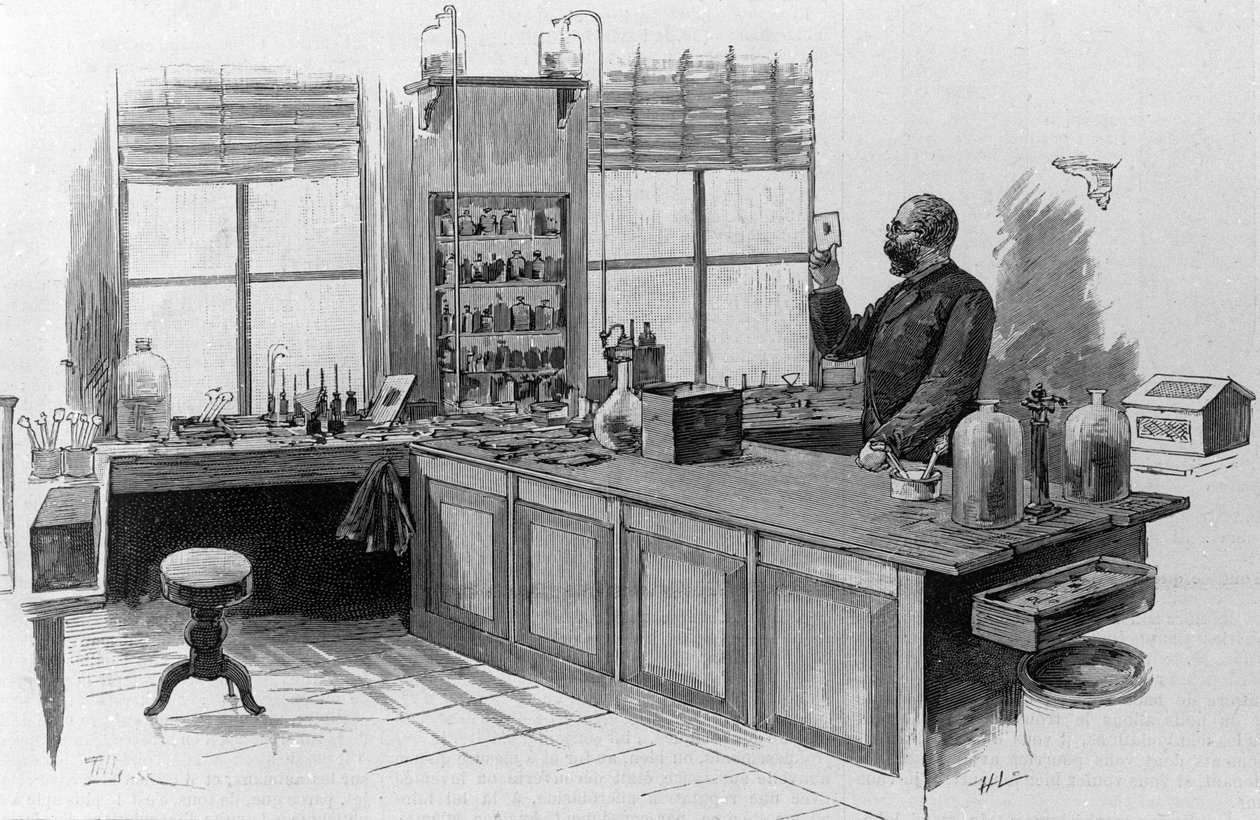 Muotokuva saksalaisesta lääkäristä Robert Kochista (1843-1910) laboratoriossa. tekijältä Unknown artist
