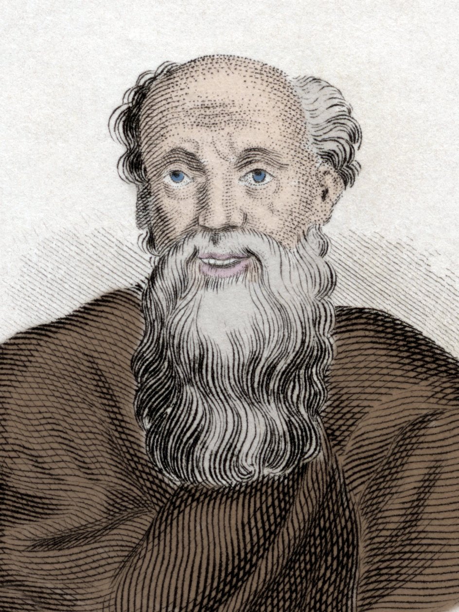 Kreikkalaisen filosofin Demokritoksen (460-370 Av JC), Toivon Demokritoksen muotokuva. Kaiverrus 1800-luvulta. tekijältä Unknown artist