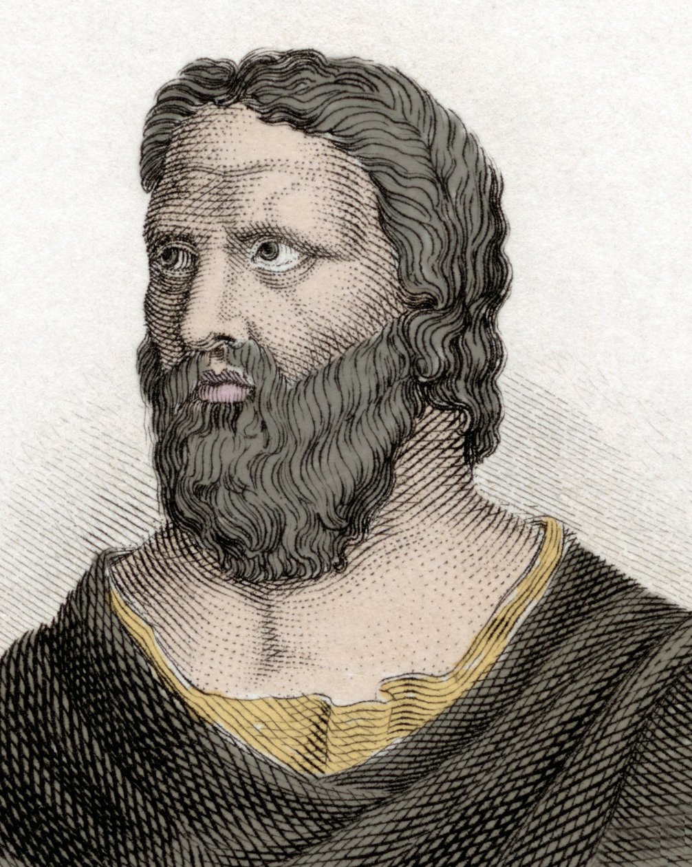 Muotokuva kreikkalaisesta filosofista Herakleiteesta Efesolainen (576-480 eKr.) (Herakleitos Efesosta). Kaiverrus 1800-luvulta. tekijältä Unknown artist