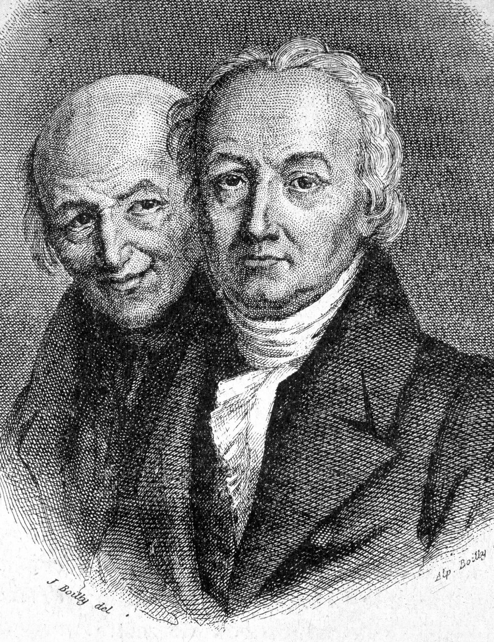 Muotokuva Hauyn veljeksistä: Abbe Rene Just Hauy (1743 - 1822), ranskalainen mineralogi ja Valentin Hauy (1745 - 1822), ranskalainen pedagogi - teoksessa "" Les Contemporains", n.d. 1800-luvun loppu. tekijältä Unknown artist