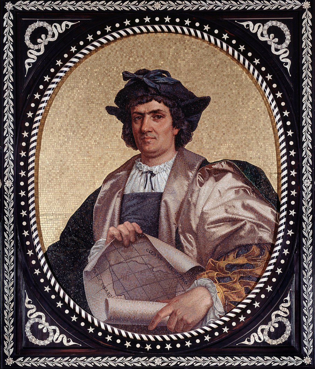 Italian merenkulkijan Christopher Kolumbuksen muotokuva (Christopher Columbus, Cristoforo Colombo, Cristobal Colon) (1451-1506) Mosaiikki tekijältä Unknown artist