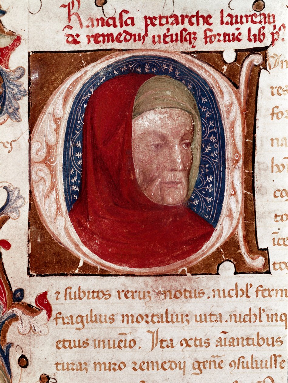 Italialaisen runoilijan Francesco Petrarcan (Petrarque) muotokuva (1304-1374) Yksityiskohta. Sivu otettu Petrarchin käsikirjoituksesta "Les remedes aux deux fortunes" (De remediis Utriusque Fortunae). 1360-1366 Venetsia, Biblioteca marciana tekijältä Unknown artist