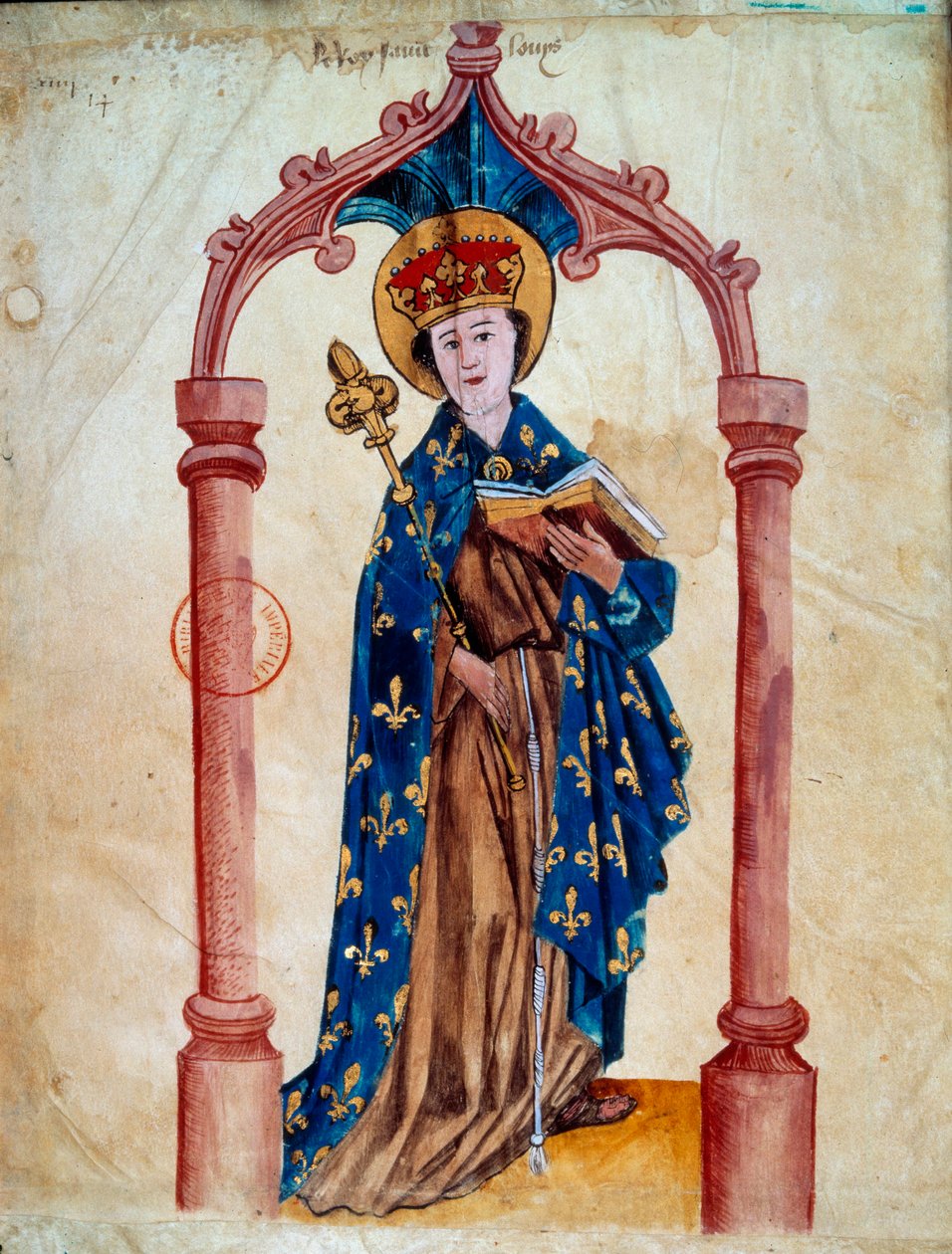 Ranskan kuninkaan Ludvig IX:n (Saint Louis) (1214-1270) muotokuva Guillaume Revelin (1400-luku) "L