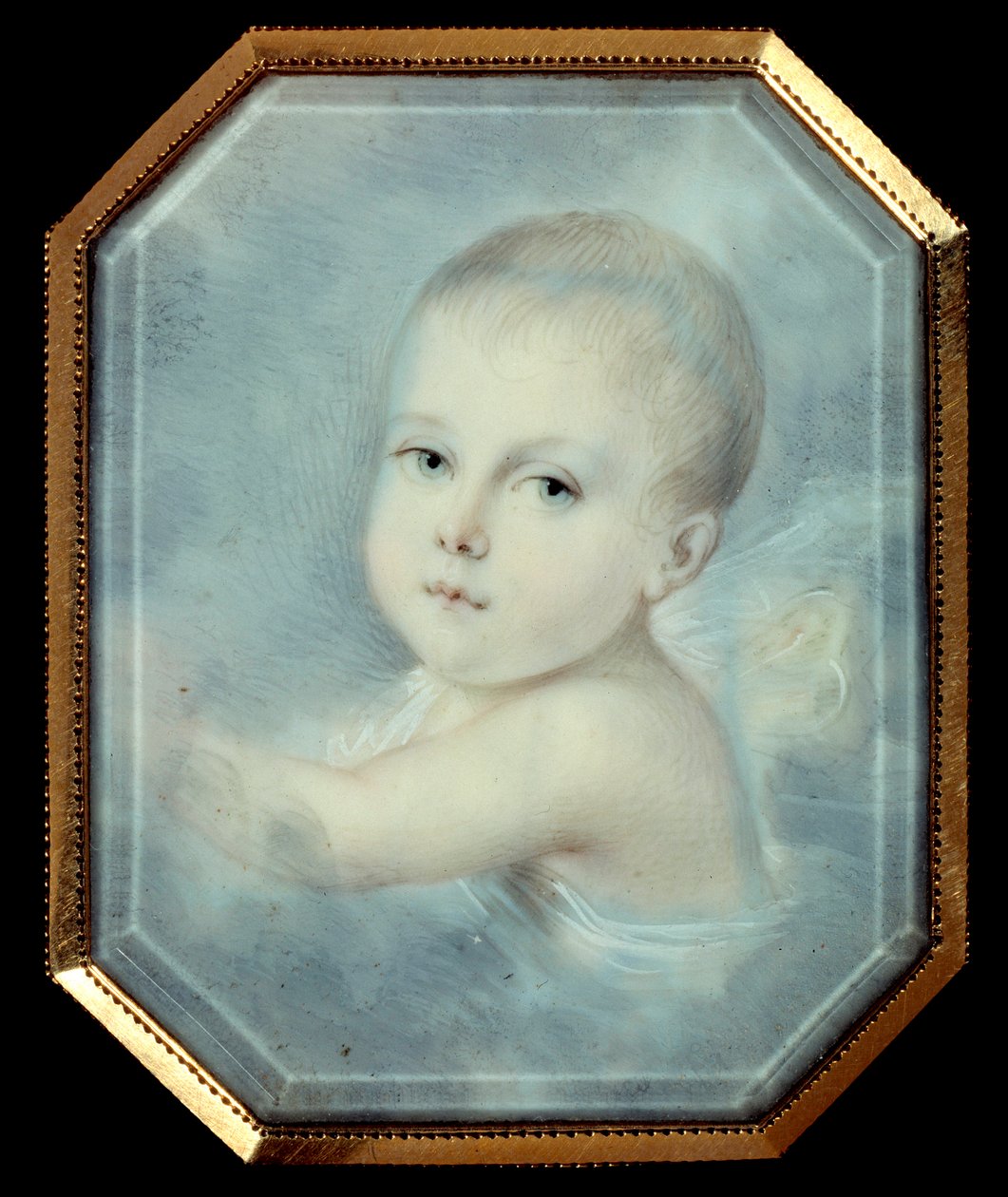 Muotokuva Rooman kuninkaan bebestä (1811-1832), keisari Napoleon I:n (1769-1821) ja tulevan Napoleon II:n pojasta. Nimetön kahdeksankulmainen medaljonki 1800-luvulta. Akvarelli lasin alla. Pariisi, Musee De La Legion d