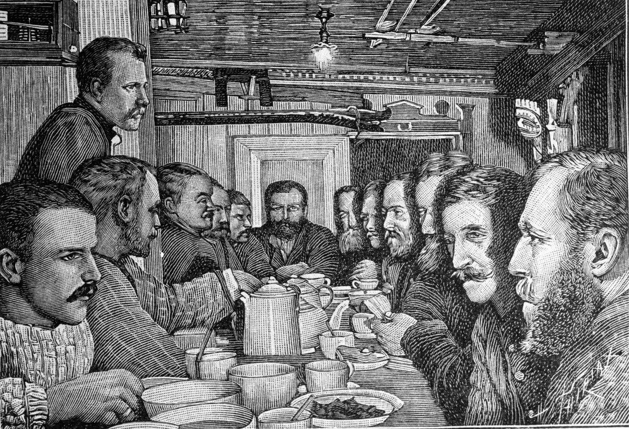 Muotokuva norjalaisesta tutkimusmatkailijasta Fridtjof Nansenista (1861-1930), tiedemiehestä ja diplomaatista, joka ilmoitti suunnitelmastaan lähestyä pohjoisnavaa Fram-laivan miehistölle noin 1897. Kaiverrus tekijältä Unknown artist