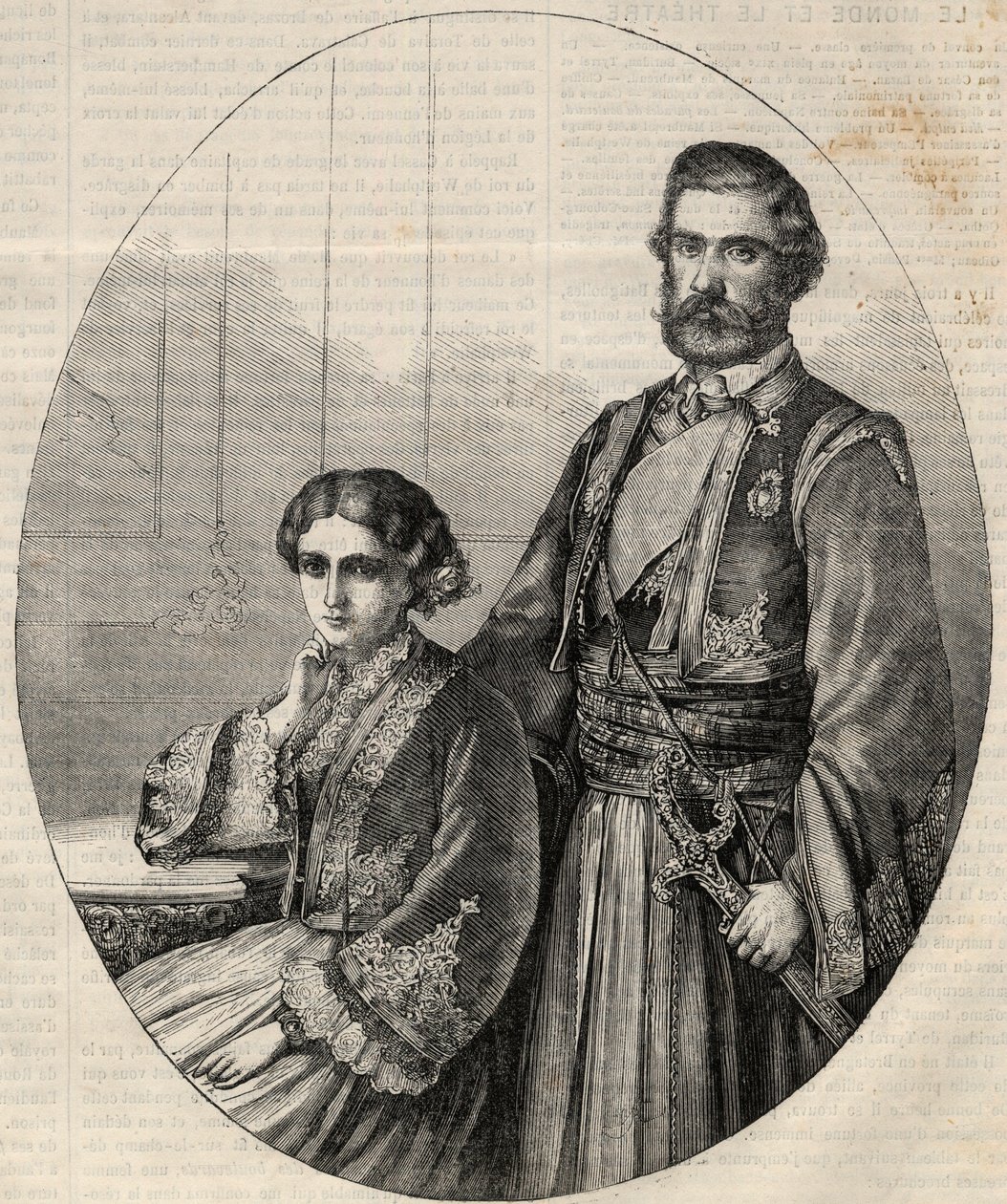 Muotokuva Serbian prinssistä Mikael III:sta (1823-1868) ja prinsessa Juliesta (1831-1919). Kaiverrus "" L