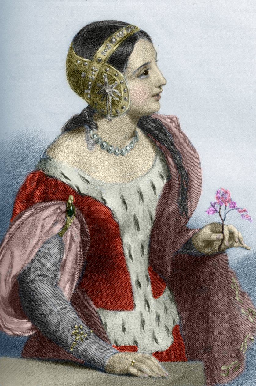 Muotokuva Englannin kuningattaresta Isabella Ranskasta (Isabella Ranskasta) (1295-1358), kuningas Edward I:n kuningatar puoliso. 1800-luku (kaiverrus) tekijältä Unknown artist