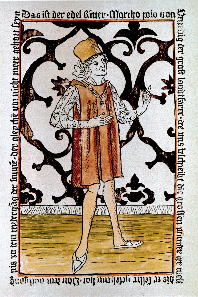 Venetsialaisen tutkimusmatkailijan Marco Polon (1254-1324) muotokuva "" Il Milione: The Book of Merveillles" ("" Devisement du monde") Nürnbergin ensimmäisen painoksen etupuoli tekijältä Unknown artist
