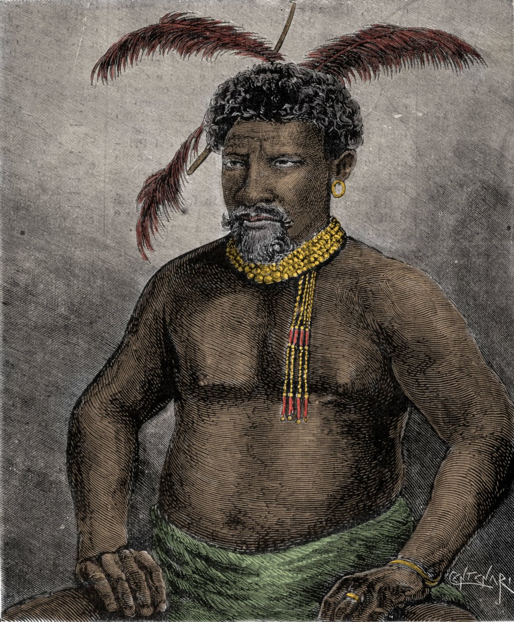 Zulukuningas Cetshwayon muotokuva (tai Cetawayo, Cetewayo, Cetywajo, Ketchwayo) (1826-1884) Kaiverrus 1800-luvulta tekijältä Unknown artist
