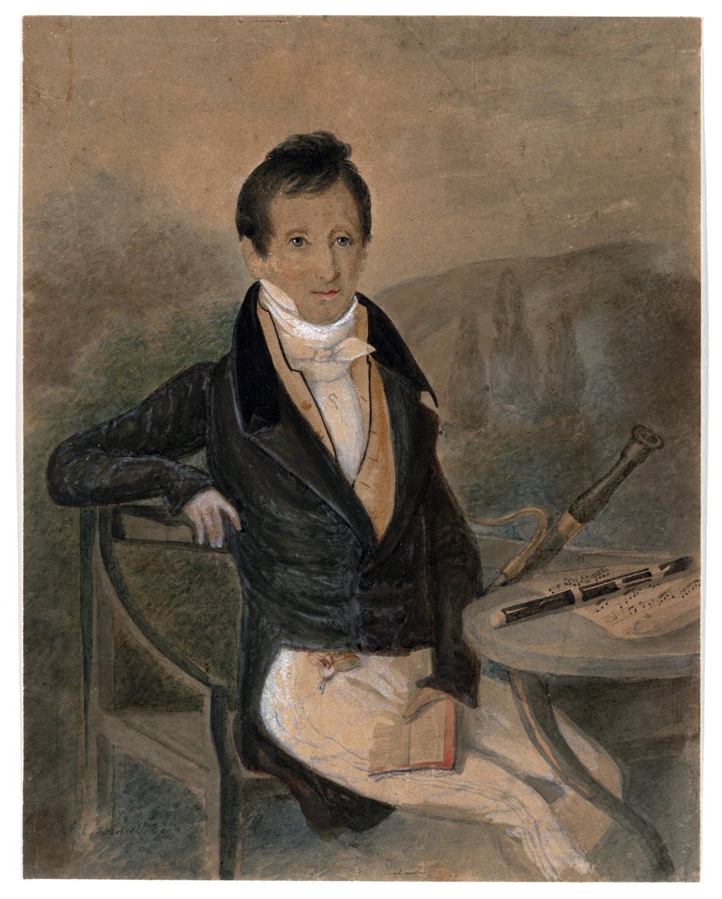 Muotokuva huilusoittaja Jean-Louis Tulou (1786-1865) par Anonymous, n. 1840 - Vesiväri ja valkoinen väri paperille, 20,6x16,2 - Yksityiskokoelma tekijältä Unknown artist