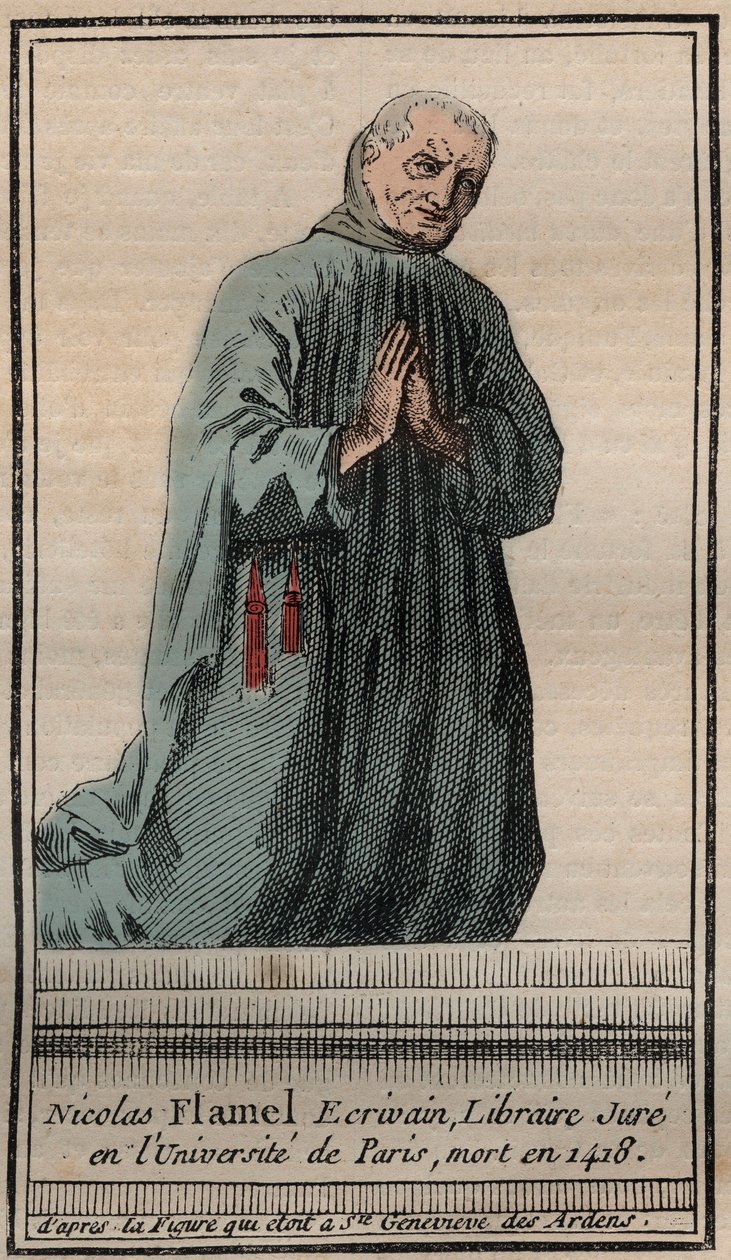 Ranskalaisen alkemistin Nicolas Flamelin (1330-1418) muotokuva - Kaiverrus - Englannin alkemistin Nicolas Flamelin muotokuva - Kaiverrus Yksityinen kokoelma tekijältä Unknown artist