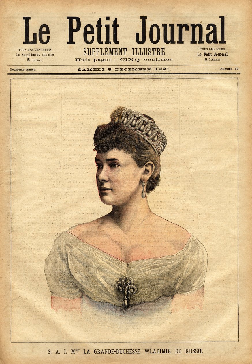 Venäjän suurherttuatar Vladimirin muotokuva, syntyi 1854, Mecklenburg-Schwerinin prinsessa Maria (Mecklenburg Schwerin) ja meni naimisiin vuonna 1874 tsaarin nuoremman veljen, suurherttua Vladimir Aleksandrovich Romanovin (1847-1909) kanssa. Kaiverrus "" L tekijältä Unknown artist
