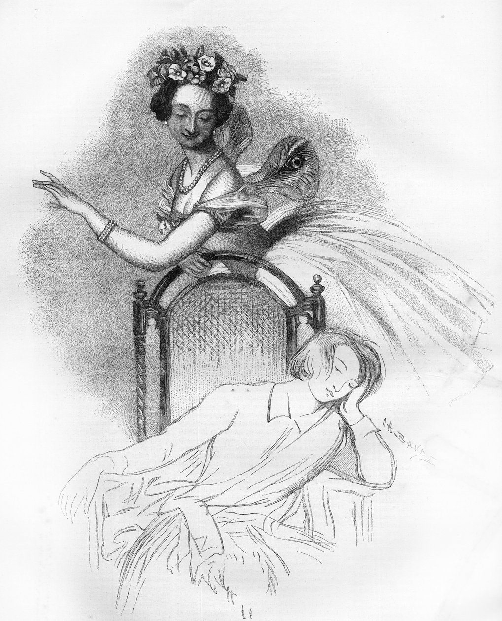 Muotokuva julkaistu Marie Taglionin (1804-1884) kuoleman yhteydessä. Ranskalainen romanttinen baleriina edustettuna täällä Sylphiden roolissa Charles Louis Didelotin "Zephire et Flore" -elokuvassa. Kaiverrus "" Le Monde Illustré" -kirjassa tekijältä Unknown artist