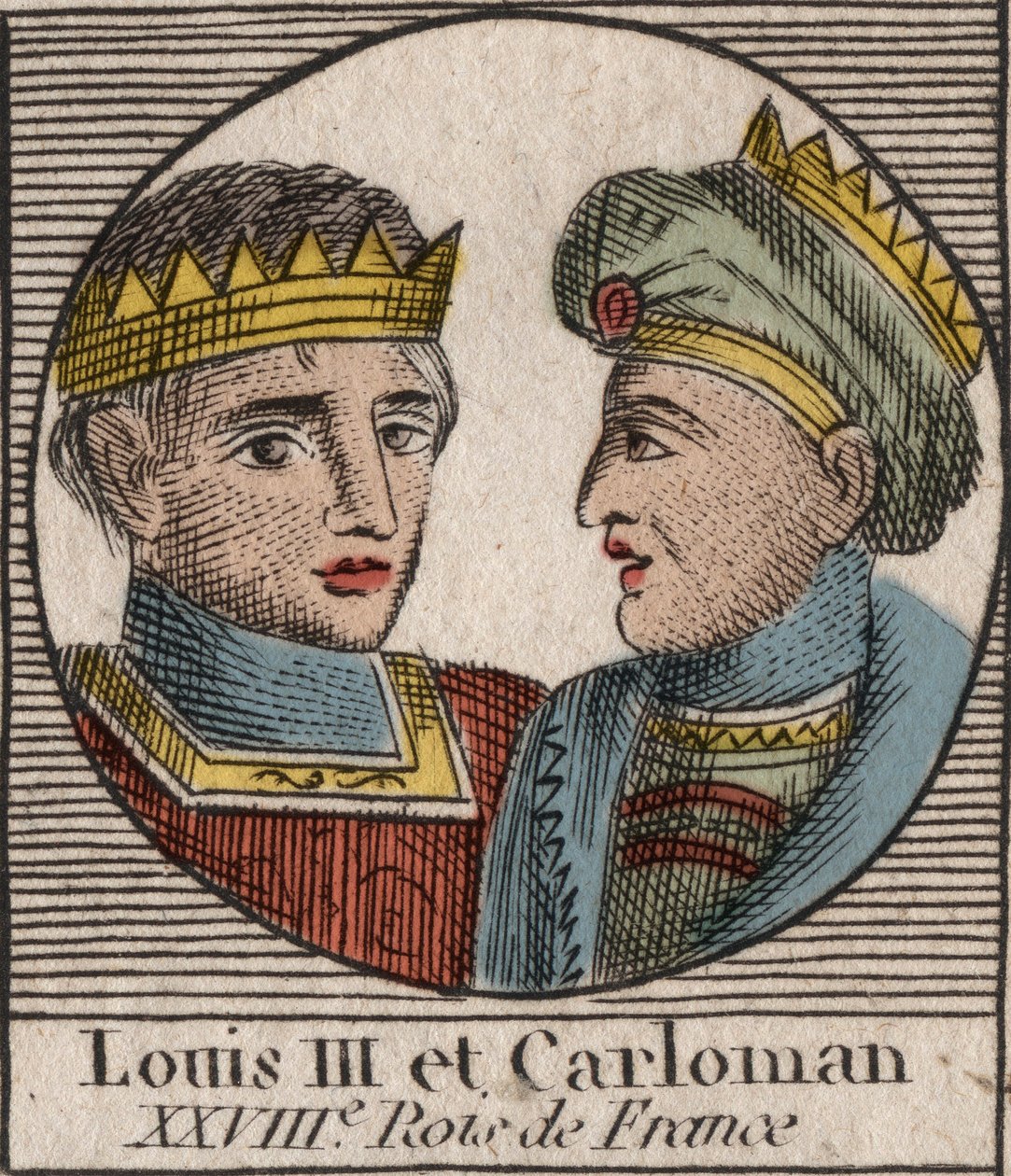 Ludvig III:n (863/65-882), frankkien kuninkaan vuosina 879–882 ja Kaarle II:n (866–884), frankkien kuninkaan, vuodesta 879 Ranskan kuninkaan muotokuvia - kaiverrus kirjasta "Historiaohjeet d tekijältä Unknown artist