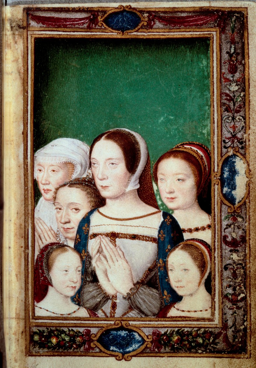 Muotokuvia Francois I:n ja hänen kahden vaimonsa tyttäristä. Tytöt: Louise (1515 - 1517). Charlotte (1516-1524), Madeleine (1520-1537), Marguerite (1523-1574). Claude Ranskasta (1499-1524) ja Eleonore Habsburgista (1498-1558). Miniatyyri "" Book of ho tekijältä Unknown artist