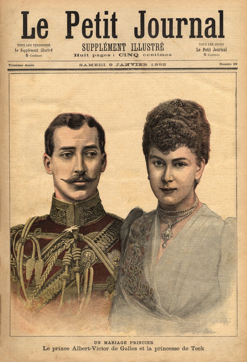 Prinssi Albert Victor, Clarencen ja Avondalen herttua ja Mary of Teck, Le Petit Journal, 9.1.1892 avioliittoilmoituksen yhteydessä. tekijältä Unknown artist