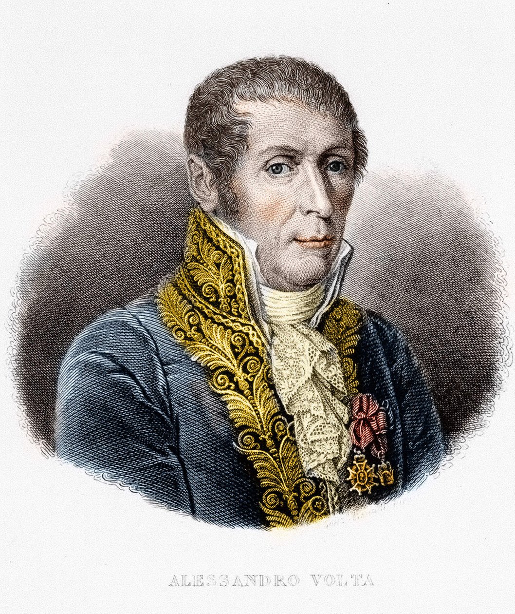 Alessandro (Alexandre) Voltan muotokuva (1745 - 1827). Italialainen fyysikko, sähköakun keksijä. 1800-luvun kaiverrus tekijältä Unknown artist