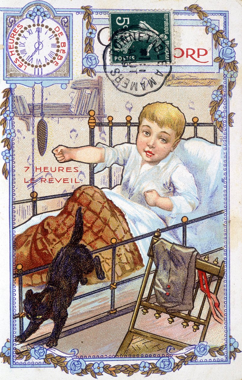 Postikortti, joka näyttää lapsen päivän kulun. Klo 7 lapsi herää. tekijältä Unknown artist