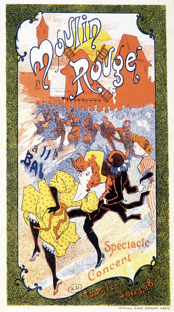 Juliste, joka ilmoittaa joka ilta Moulin Rougessa Pariisissa järjestettävistä "" konserteista" tekijältä Unknown artist