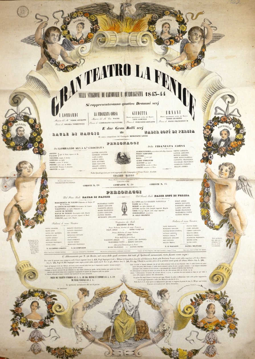 Juliste italialaisen säveltäjän Giuseppe Verdin (1813-1901) oopperan "Aida" esityksestä Venetsian La Fenice -teatterissa vuosina 1843-1844. tekijältä Unknown artist
