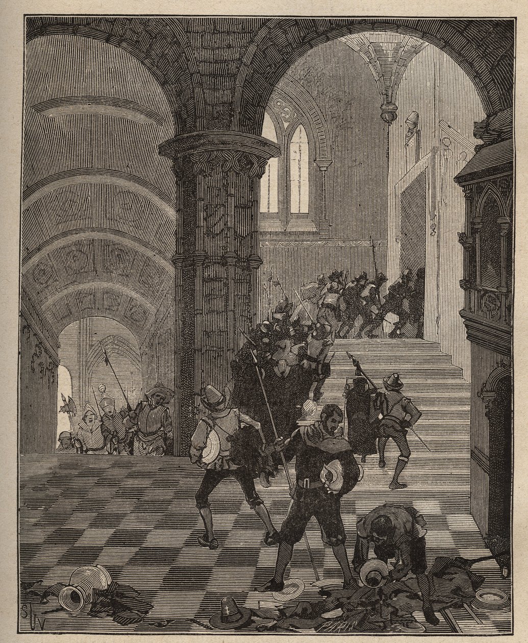 Keramiikka: "Henri II" -tehtaan tuhoutuminen Oironin linnan (Deux Sevres) ryöstön yhteydessä vuonna 1568 Liigan aikana. Kaiverrus vuodelta 1885 kirjassa "Les arts et metiers illustres", kirjoittanut Adolphe BITARD. tekijältä Unknown artist