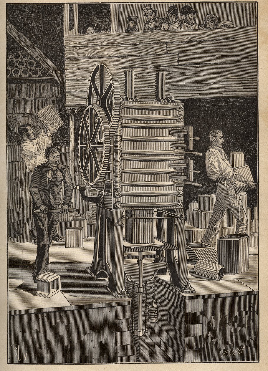 Keramiikka: onttojen osien mekaaninen muovaus. Kaiverrus vuodelta 1885 kirjassa "Les arts et metiers illustres", kirjoittanut Adolphe BITARD. tekijältä Unknown artist