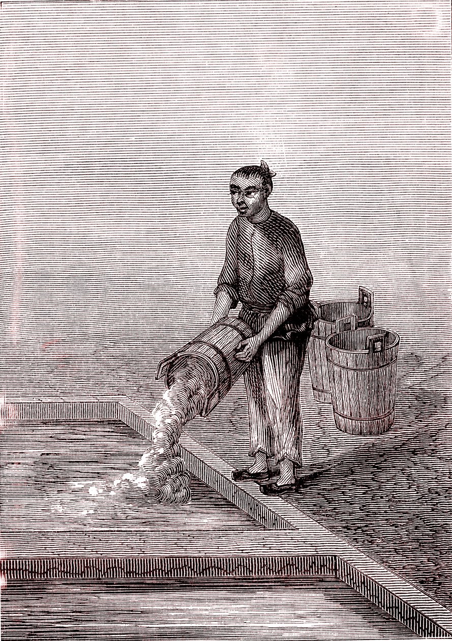 Kalkin kaataminen altaaseen, paperinvalmistus Kiinassa (3. vuosisata eaa.) (kaiverrus). tekijältä Unknown Artist