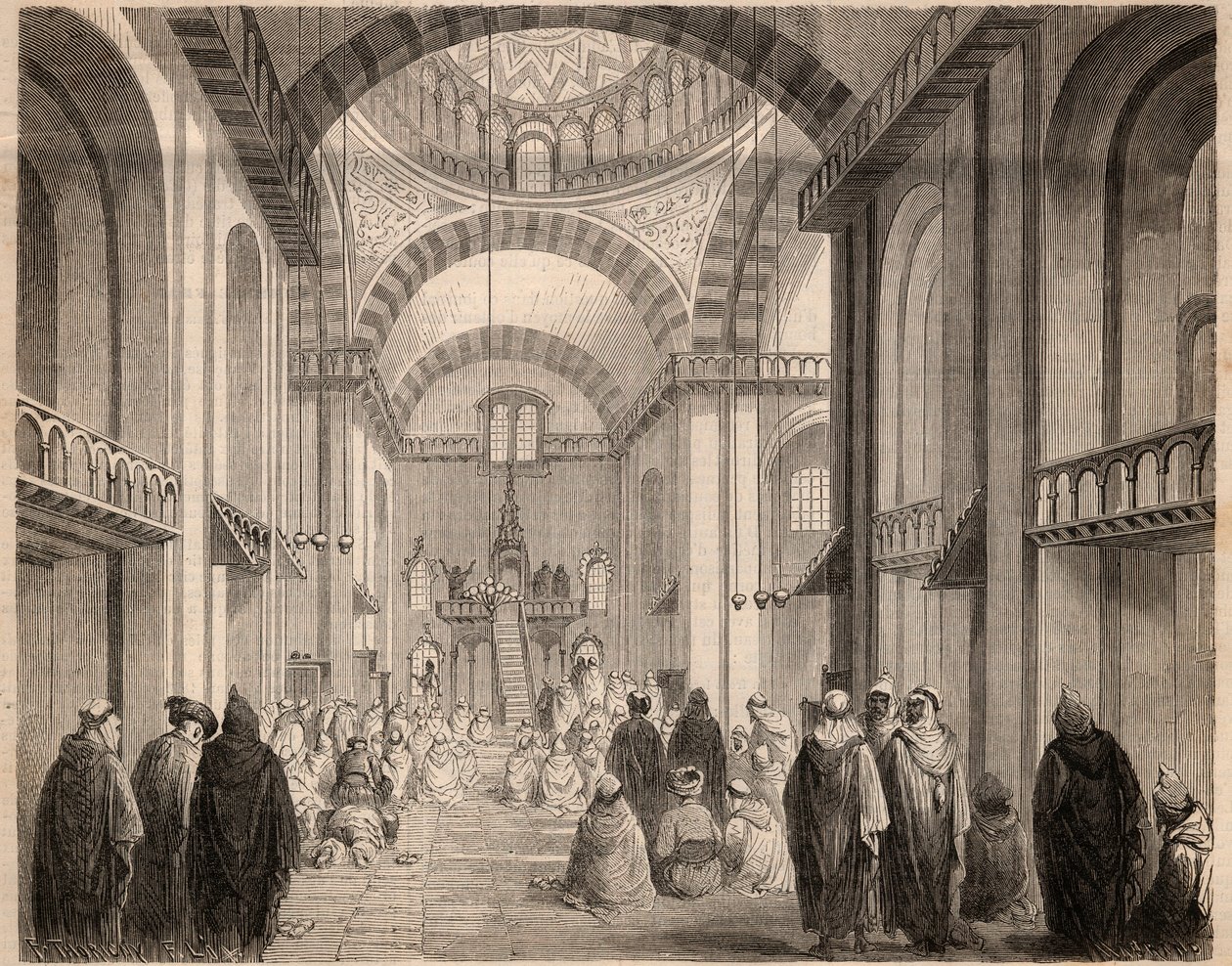 Ramadanin (Muslim Careme) rukoukset Algerian suuressa moskeijassa vuonna 1862. Kaiverrus "" Le Monde illustrious"" vuodelta 1862. Yksityinen kokoelma. tekijältä Unknown artist