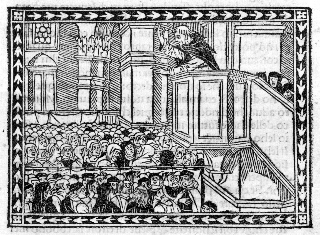 G. Savonarolan (Jerome Savonarola) (1452 - 1498) saarna - "" Compendium of Revelatione" -kirjassa, 23.4.1496 tehty inkunaabuli. tekijältä Unknown artist