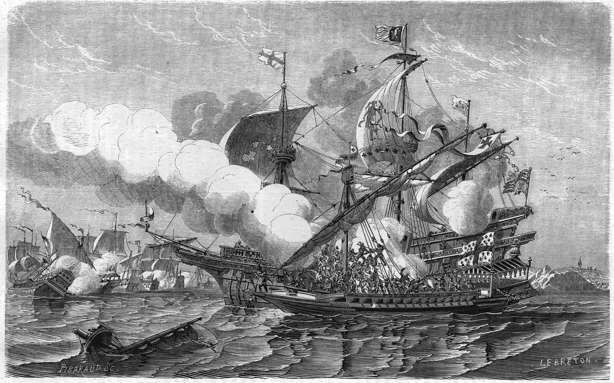 Raskaana oleva hyökkäsi amiraali Edward Howarthin komentaman englantilaisen laivaston kimppuun huhtikuussa 1513. Kaiverrus 1800-luvulta. tekijältä Unknown artist