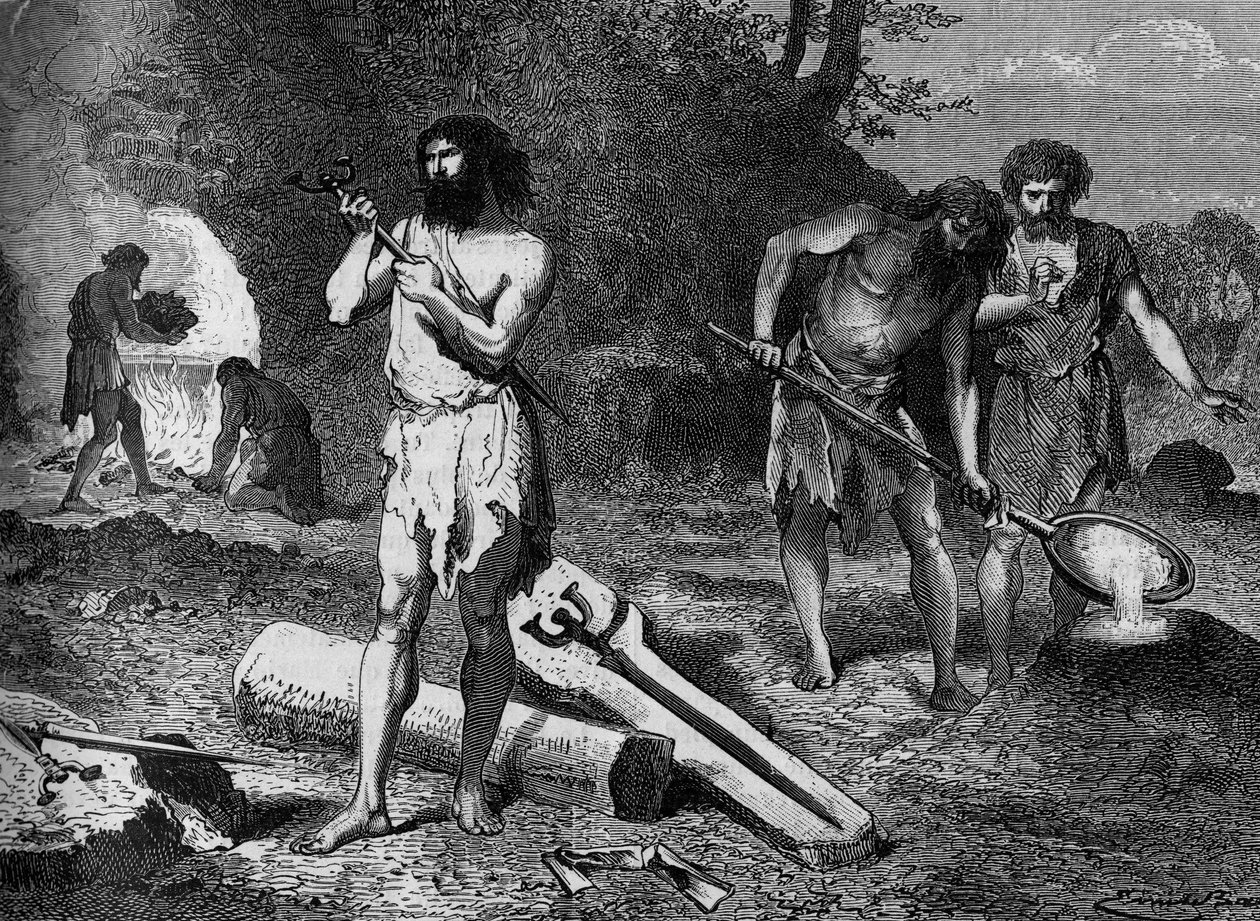 Prehistoire - pronssikauden ensimmäiset metallurgit: pronssin valmistus. Kaiverrus "" Le Journal de la jeunesse "" tekijältä Unknown artist