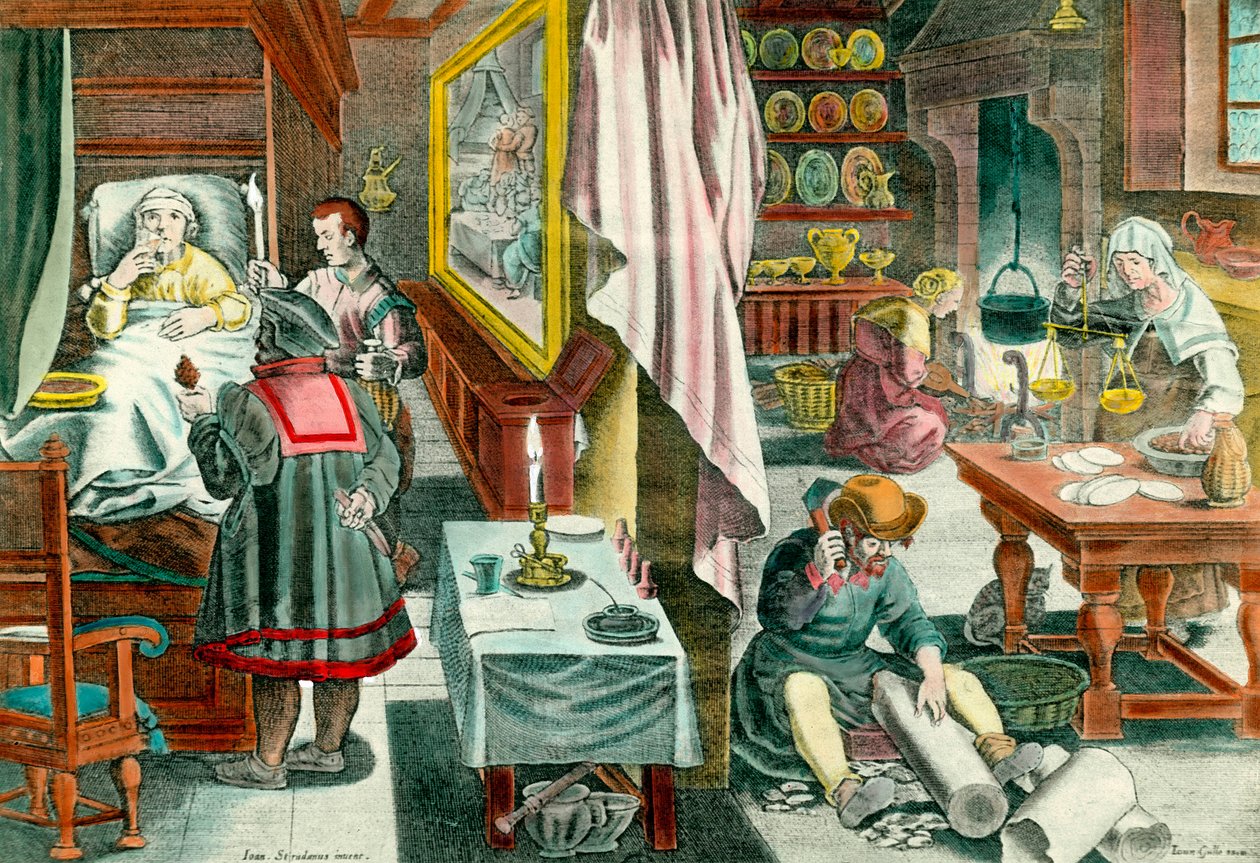 Guanopohjaisten lääkkeiden valmistus ja annostelu veneria kuppaa vastaan”” Kaiverrus 1600-luvulta. Pariisi. Lääketieteen akatemia tekijältä Unknown artist