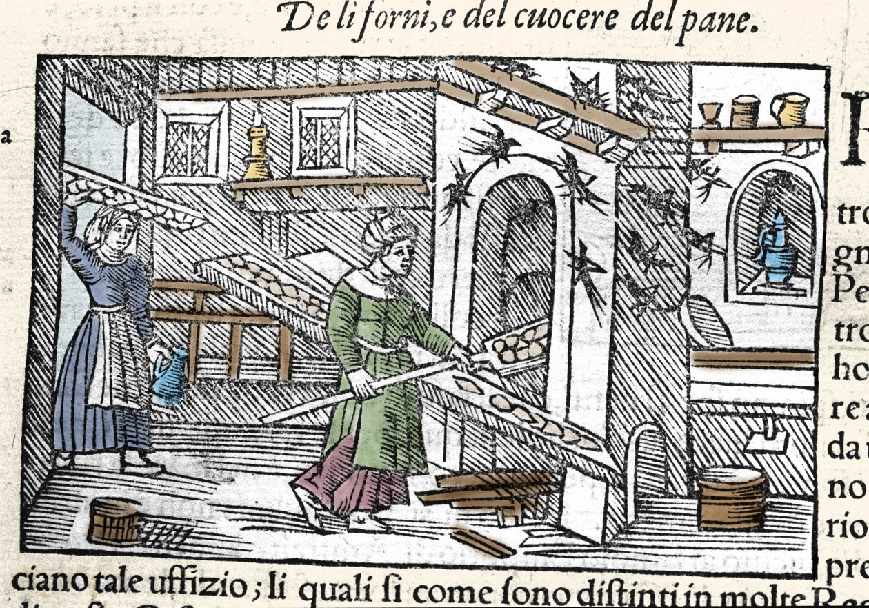 Leivän valmistus ja paistaminen uunissa. Kaiverrus Olaus Magnus (1490-1557), ruotsalainen uskonnollinen ja maantieteilijä, "Historia de Gentis Septentrionalibus", Venetsia tekijältä Unknown artist