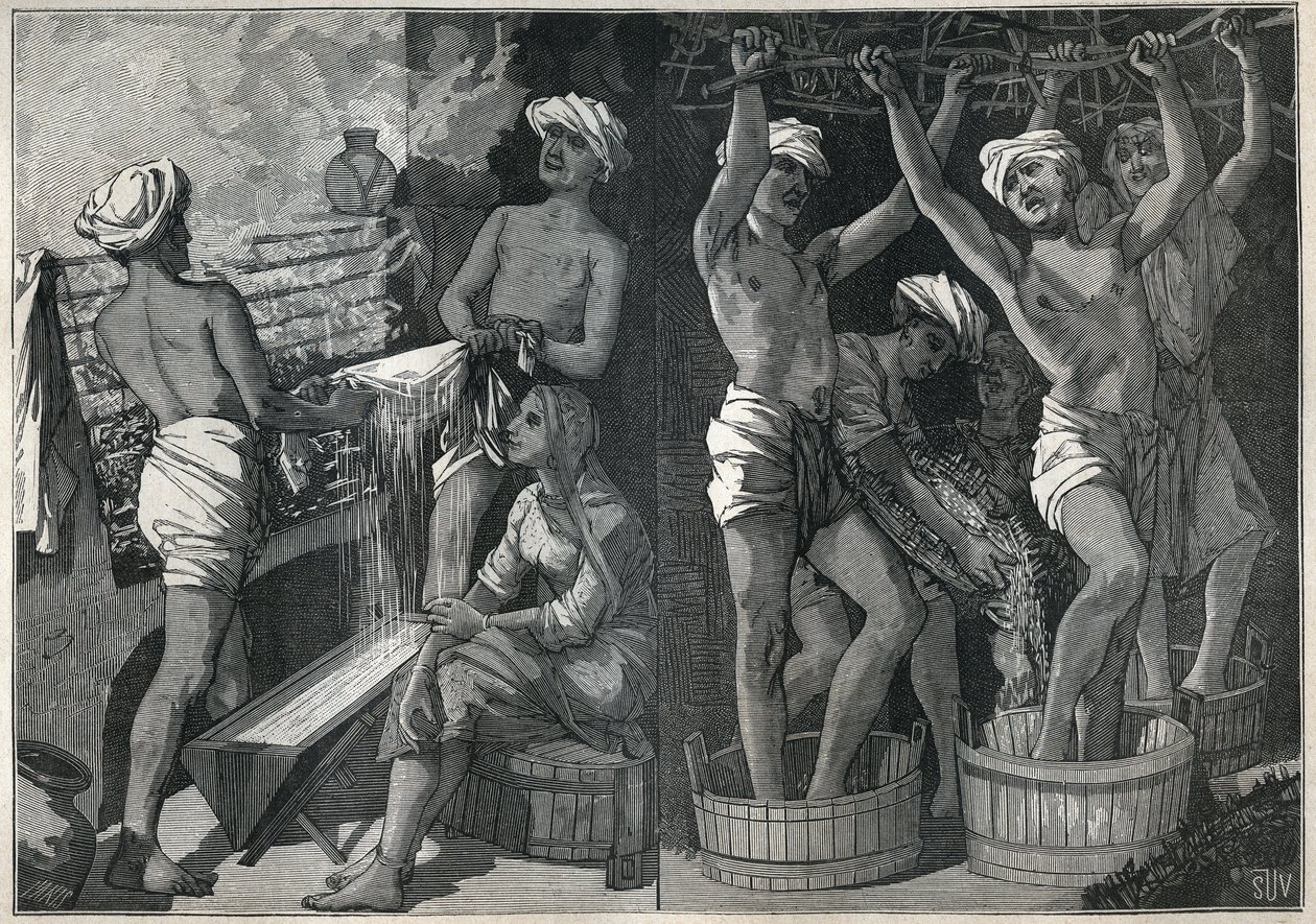 Lakan valmistus Intiassa. Kaiverrus vuodelta 1885 kirjassa "Les arts et metiers illustres", kirjoittanut Adolphe BITARD. tekijältä Unknown artist