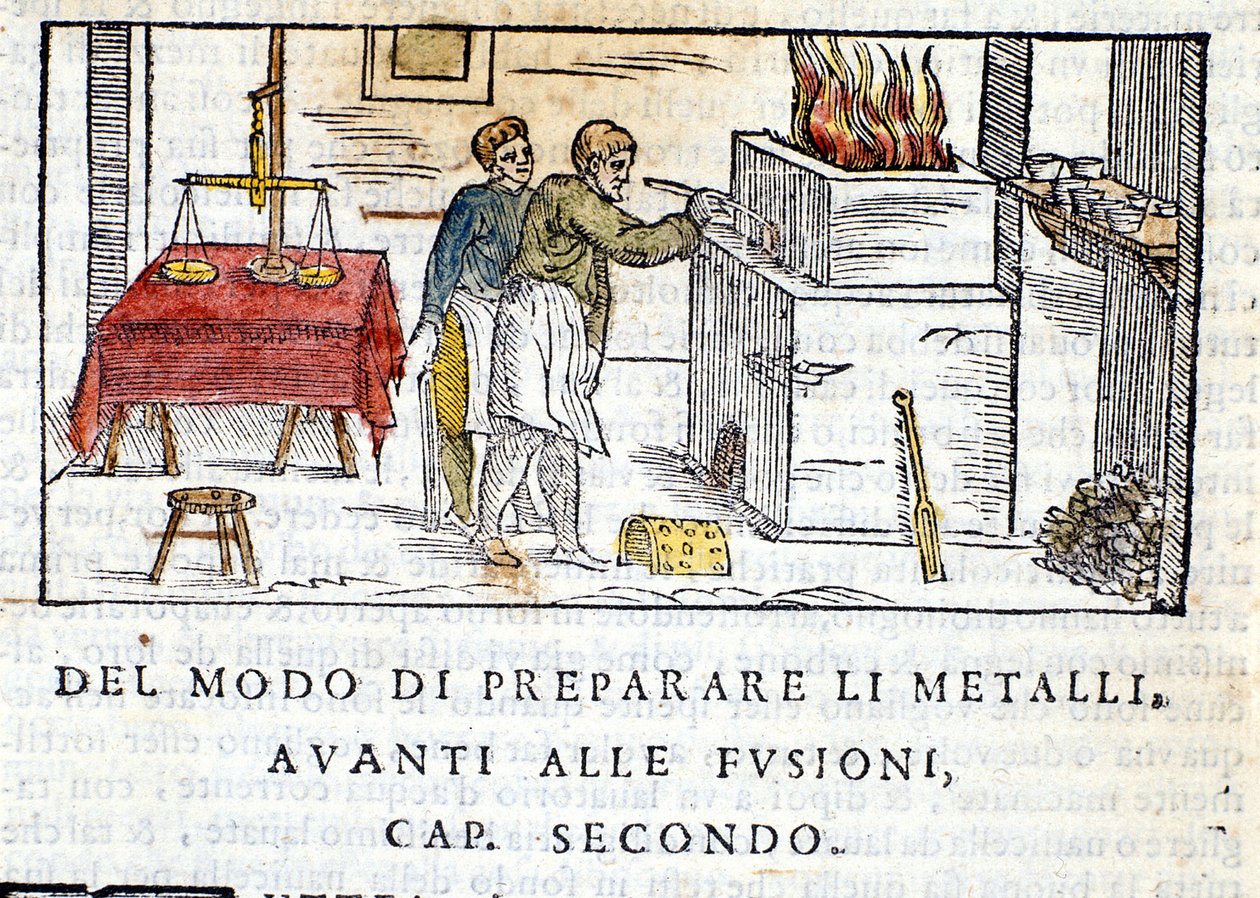 Metallin valmistelu sulatusta varten - Biringuccion "Pirotechniassa". tekijältä Unknown artist