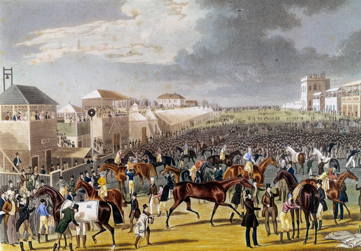 Valmistelut Epsom-kilpailuun (Epsom Oaks: englantilainen hevoskilpailu). Kaiverrus 1800-luvun yksityiskokoelmasta tekijältä Unknown artist