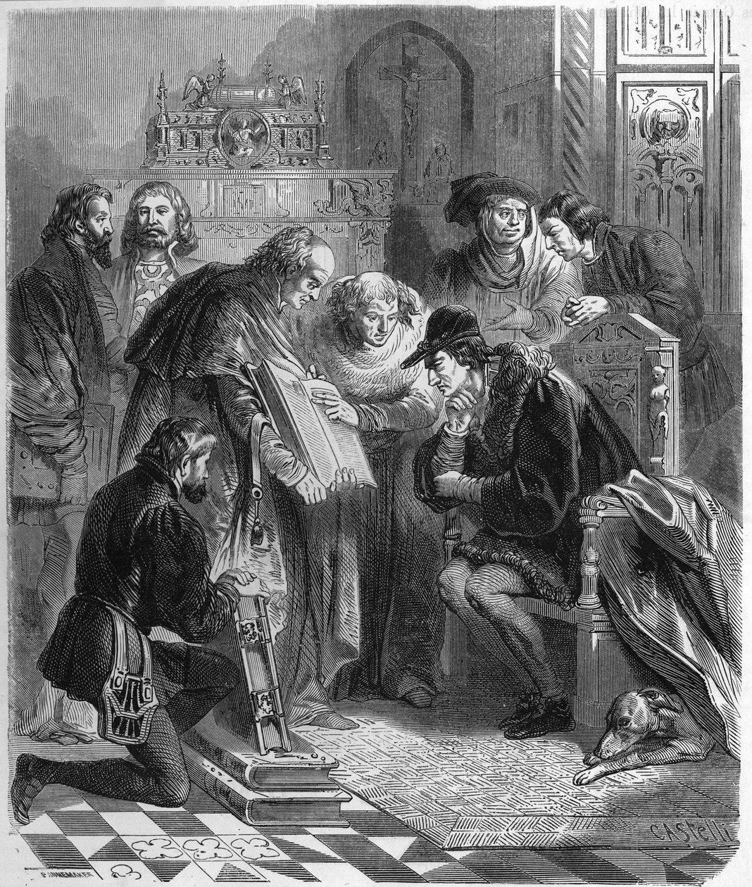 Ludvig XI:lle (1423-1483), Ranskan kuninkaalle painetun Raamatun esitys. tekijältä Unknown artist