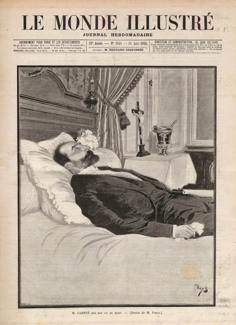 Tasavallan presidentti Sadi Carnot (1837-1894) kuolinvuoteessaan ammattiyhdistysten ja anarkistisen kiihottamisen yhteydessä hänet murhattiin 24. kesäkuuta Lyonin näyttelyssä, Sante Caserio (1873-1894) ja myöhemmin. Kaiverrus "Le monde illustrious" f tekijältä Unknown artist