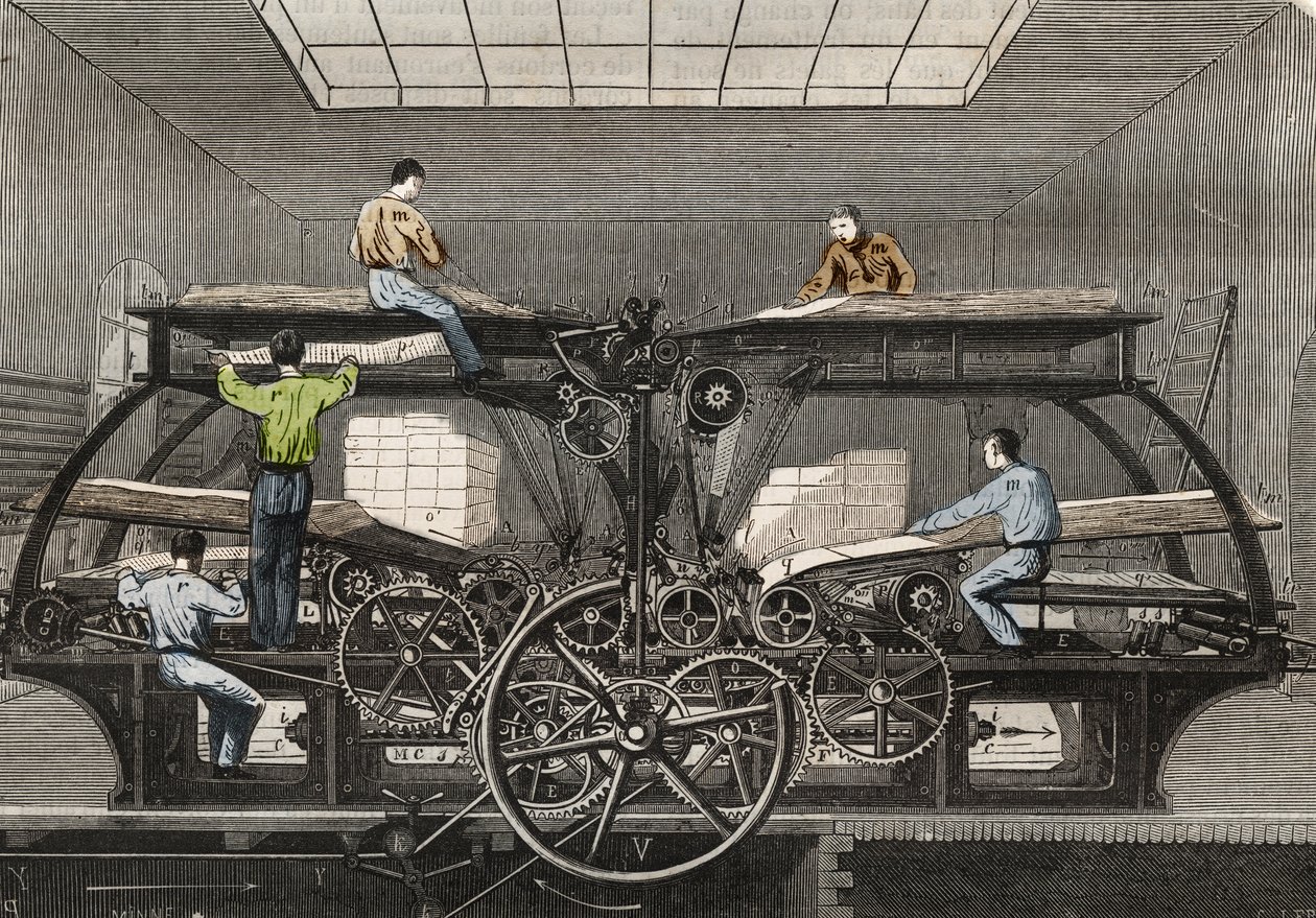 Painokone: "Le Siecle" -sanomalehden painokone Pariisissa. Kaiverrus vuodelta 1857 "" Le Musee Des Sciences "" tekijältä Unknown artist