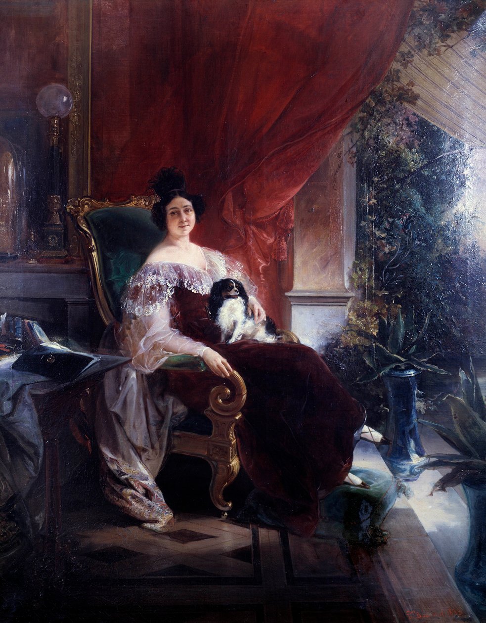 Yksityisyys, nainen koiran kanssa. Koira istuu naisen päällä verannalla. Francois Bourbotin maalaus (1800-luku) tekijältä Unknown artist
